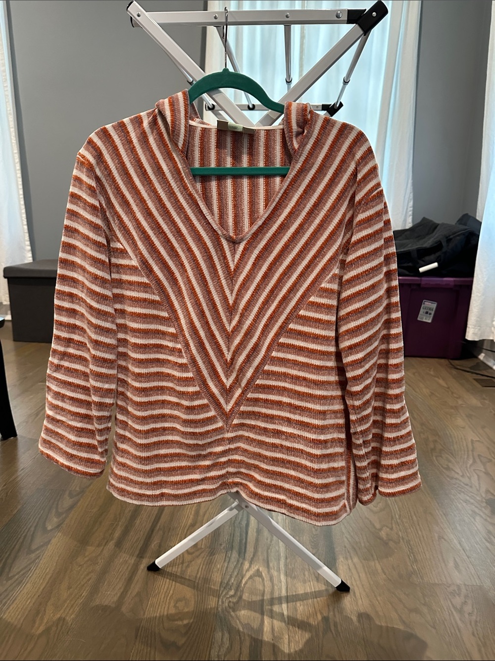 Striped V-Neck Hooded Chenille Sweater in Rust and Cream